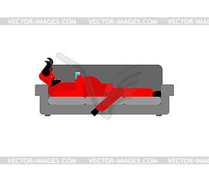 Red Devil relax on couch. Satan sleeps on couch - vector clipart