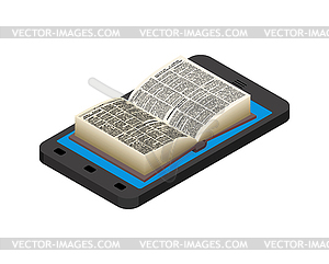 Bible online. Religion and gadget. Holy book and - vector image