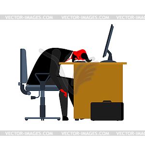 Devil tired of work. head is on table. Satan is - vector image