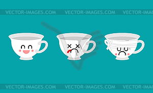 Cup cartoon set. Joyful, sad and broken mug - vector clipart