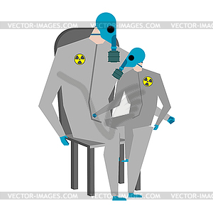 Отец и сын в костюмах ядерной защиты. Концепция - изображение векторного клипарта