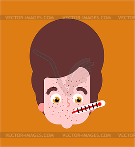 Sick boy with thermometer in his mouth - vector image