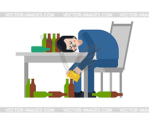 Alcoholic sits at table. Guy and lot of beer - vector clipart / vector image