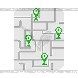 Map with electric filling stations - vector image