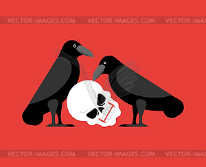 Black raven and skull. Black crow symbol of death - vector clipart / vector image