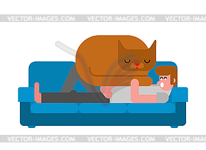 Cat sleeps on guy - vector clipart