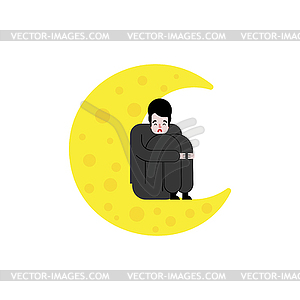 Loneliness on moon. Man is sitting on moon - vector clipart