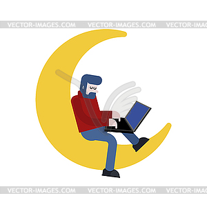 Freelancer on Moon. Man with laptop is sitting on - vector image