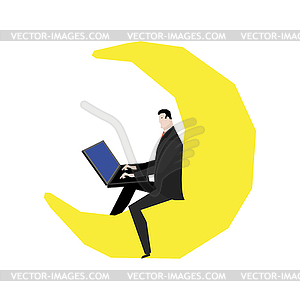 Freelancer on Moon. Man with laptop is sitting on - vector image