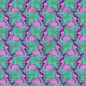 Pink flamingo and tropical leaves pattern - vector image