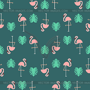 Pink flamingo pixel art pattern seamless. 8 bit - vector image