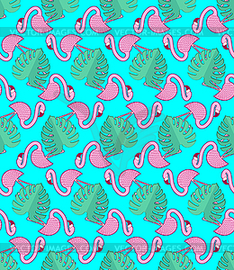 Pink flamingo and tropical leaves pattern - vector image
