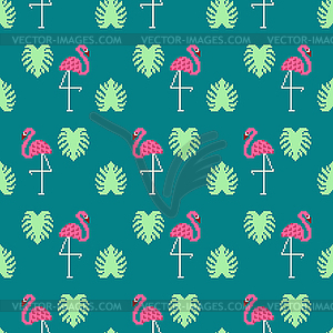 Pink flamingo pixel art pattern seamless. 8 bit - vector clip art