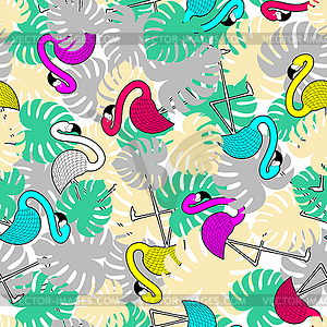 Flamingo and tropical leaves pattern seamless. wate - vector image