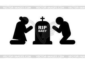 Parents at child`s grave. Funeral and deceased. - stock vector clipart