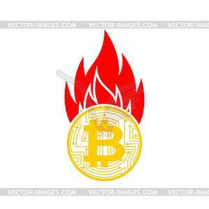 Bitcoin is on fire. Cryptocurrency burns - vector clipart