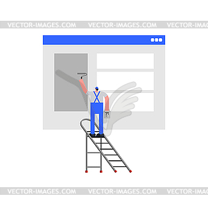 Man Little man makes web design of internet page. - vector clipart