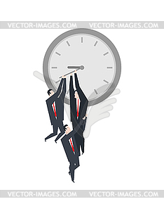 Deadline managers hang on Clock hand. Concept of - vector image