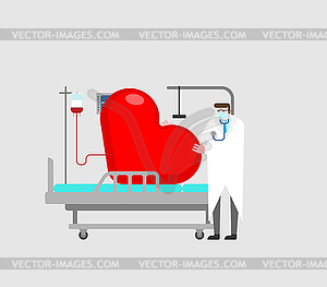 Sick love. Heart on hospital bed and doctor - vector clipart