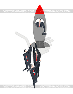 Bossu flies on rocket. Managers hold on to boss - vector image