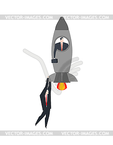 Bossu flies on rocket. Managers hold on to boss - vector clipart