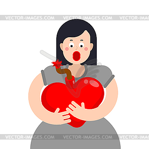 Woman is holding heart bomb. Girl and explosive love - vector clipart