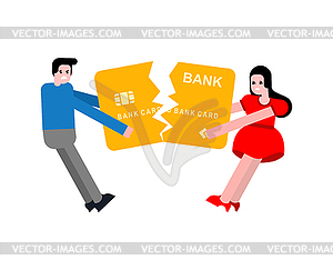 Couple share bank card after divorce. Man and - vector image