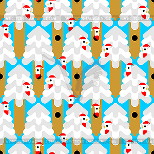 Bird Santa on tree pattern seamless. Christmas - vector clipart