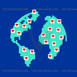 Карта любви. Мир в сердцах. Всемирная любовь. Карта мира и - векторный графический клипарт