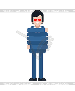 Man in love with herself. guy loves herself and hug - vector image