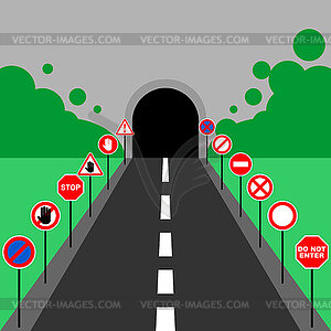 Dangerous tunnel with prohibition signs. Attention - vector clip art