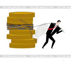 Businessman pulling Stack of coins. Man pulls money - vector clipart