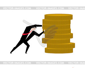 Businessman pulling Stack of coins. Man pulls money - color vector clipart