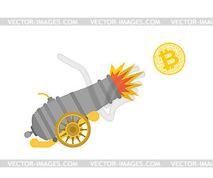 Bitcoin growth. Ancient cannon shoots bitcoin. - vector clip art