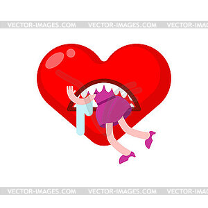 Heart devours girl. Love with its mouth ate woman. - vector image