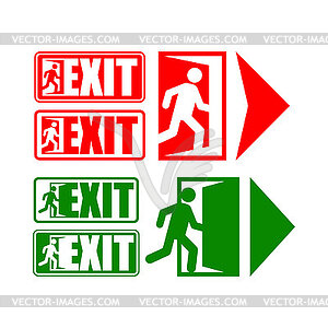 Exit sign evacuation icon set. Man exiting door - vector image