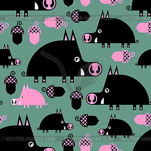 Boar pattern seamless. Cute hog and offspring - vector image