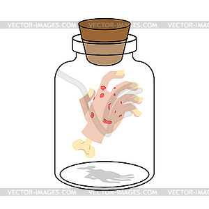 Hand inside glass jar. Alchemical experiment. - vector image