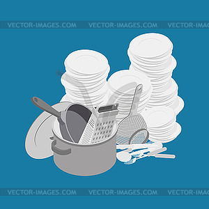 Dirty dishes. Mountain of dirty plates and pots - vector clipart