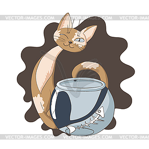 Sly cat ate fish of aquarium - vector EPS clipart