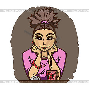 Pretty glamorous girl sitting in front of monitor - vector EPS clipart