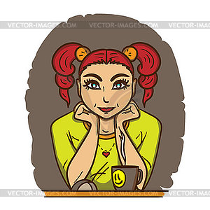 Pretty girl with red hair sitting in front of - vector clipart