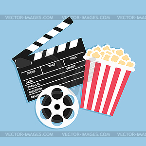 Movie poster template. Film reel, popcorn and clapper - vector clip art