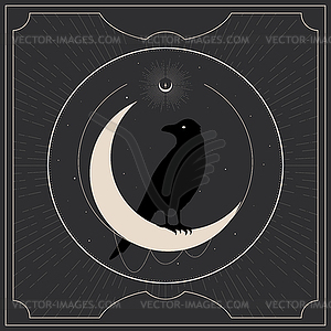 Black crow sitting on a crescent. Mystery, astrology - vector clipart