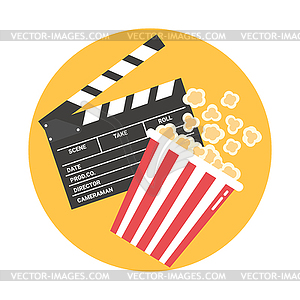 Cinema emblem with an open clapper board and popcorn - vector image