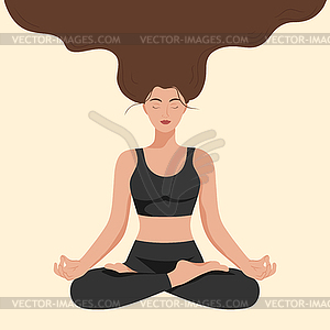 Beautiful girl with long floating hair sitting in yoga  - vector clip art