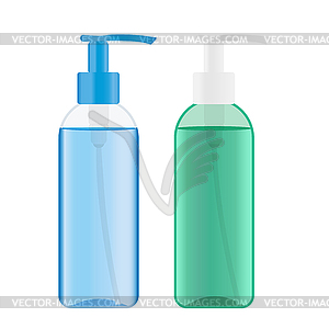 Plastic pump bottles with green and blue liquid inside - vector clipart