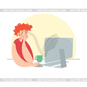 Redhead boy works at the computer - vector image