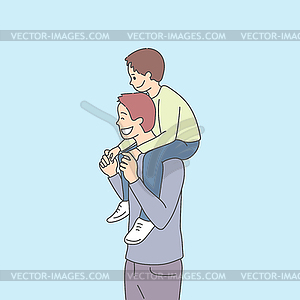 Son is sitting on his father’s shoulders. Dad and son - vector clipart