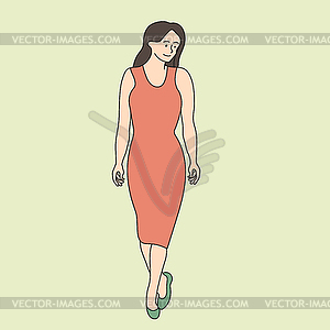 Cute woman in dress is walking with half turn head - vector clipart